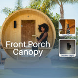 Anémona White Finland Pine Barrel Sauna with Front Porch Canopy - 2-4 Person