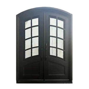 Aleko Iron Arched Top Minimalist Glass-Panel Dual Door with Frame and Threshold 92 x 72 Inches Matte Black IDR7296BK15-AP Iron Doors