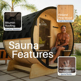 Celasia White Finland Pine Barrel Sauna with Front Porch Canopy - 2-4 Person