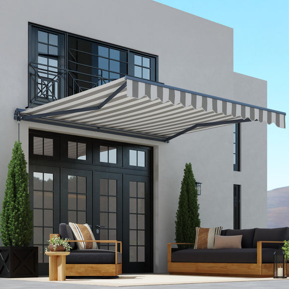 Aleko Moroccan Semi-Cassette Motorized Patio Awning - Seagull Gray & White Striped -  13 x 10 Feet