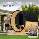 Aleko Anémona White Finland Pine Barrel Sauna with Front Porch Canopy & Black Accents – 6-8 People