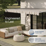Aleko Caribbean Manual Retractable Patio Awning - Seagull Gray & White Striped - 12 x 10 Feet
