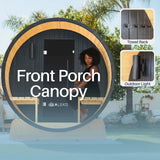 Aleko Anémona White Finland Pine Barrel Sauna with Front Porch Canopy & Black Accents – 6-8 People