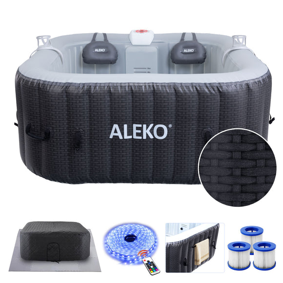 Mia Inflatable Jetted Square Hot Tub with Energy Efficient Cover – Gray with Weave Pattern - 4 Person