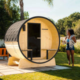 Celasia White Finland Pine Barrel Sauna with Front Porch Canopy - 2-4 Person