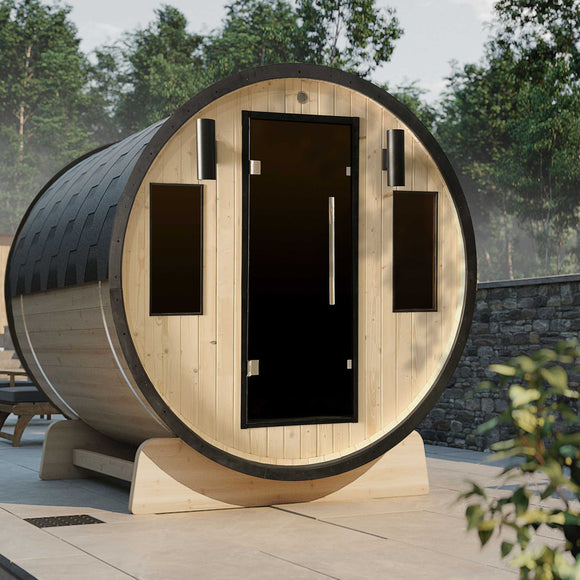 Aleko Outdoor White Finland Pine Traditional Barrel Sauna with Black Accents - 3-4 Person Capacity SB4PINEBLK-AP