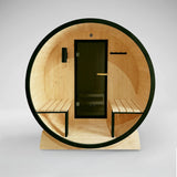 Celasia White Finland Pine Barrel Sauna with Front Porch Canopy - 2-4 Person