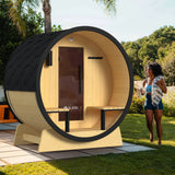 Aleko Celasia White Finland Pine Barrel Sauna with Front Porch Canopy - 2-4 Person | SB5PINECPBLK-AP