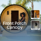 Aleko Celasia White Finland Pine Barrel Sauna with Front Porch Canopy - 2-4 Person | SB5PINECPBLK-AP