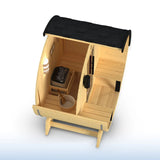 Aleko Celasia White Finland Pine Barrel Sauna with Front Porch Canopy - 2-4 Person | SB5PINECPBLK-AP