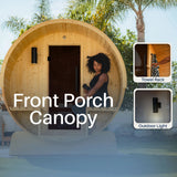 Aleko Anémona White Finland Pine Barrel Sauna with Front Porch Canopy - 2-4 Person | SB5PINECP-AP