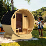Aleko Anémona White Finland Pine Barrel Sauna with Front Porch Canopy - 2-4 Person | SB5PINECP-AP