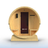 Aleko Anémona White Finland Pine Barrel Sauna with Front Porch Canopy - 2-4 Person | SB5PINECP-AP