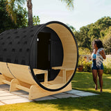 Aleko Anémona White Finland Pine Barrel Sauna with Front Porch Canopy & Black Accents – 6-8 People