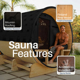 Aleko Anémona White Finland Pine Barrel Sauna with Front Porch Canopy & Black Accents – 6-8 People | SB8PINEBLK-AP