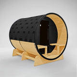 Aleko Anémona White Finland Pine Barrel Sauna with Front Porch Canopy & Black Accents – 6-8 People