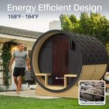 Aleko Anémona White Finland Pine Barrel Sauna with Front Porch Canopy & Black Accents – 6-8 People | SB8PINEBLK-AP