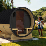 Aleko Anémona White Finland Pine Barrel Sauna with Front Porch Canopy & Black Accents – 6-8 People | SB8PINEBLK-AP