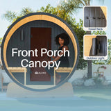 Aleko Anémona White Finland Pine Barrel Sauna with Front Porch Canopy & Black Accents – 6-8 People | SB8PINEBLK-AP