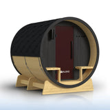 Aleko Anémona White Finland Pine Barrel Sauna with Front Porch Canopy & Black Accents – 6-8 People | SB8PINEBLK-AP