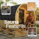 Aleko Anémona White Finland Pine Barrel Sauna with Front Porch Canopy – 6-8 People | SB8PINECP-AP