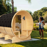 Aleko Anémona White Finland Pine Barrel Sauna with Front Porch Canopy – 6-8 People | SB8PINECP-AP