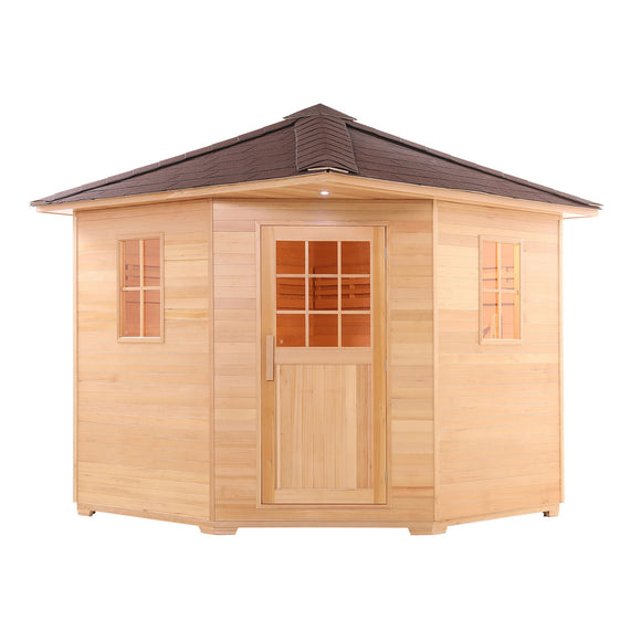 Canadian Hemlock Wet Dry Outdoor Sauna with Asphalt Roof - 8 kW UL Certified Heater - 8 Person