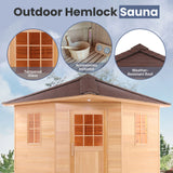 Canadian Hemlock Wet Dry Outdoor Sauna with Asphalt Roof - 8 kW UL Certified Heater - 8 Person