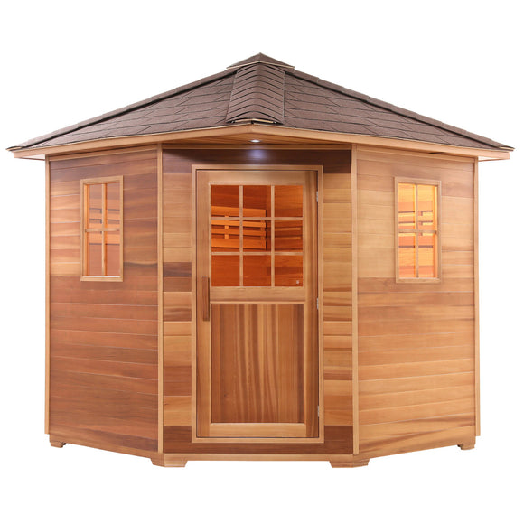 Canadian Red Cedar Wet Dry Outdoor Sauna with Asphalt Roof - 8 kW UL Certified Heater - 8 Person