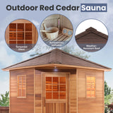 Canadian Red Cedar Wet Dry Outdoor Sauna with Asphalt Roof - 8 kW UL Certified Heater - 8 Person