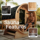 Liatris Rustic Cedar Barrel Sauna with Front Porch Canopy - 5-6 Person