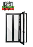 72 x 80 Bandit Bifold Door - 3-panel system with one active swing door open.
