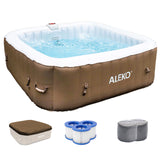 Aleko Square Inflatable Jetted Hot Tub with Cover - 6 Person - 250 Gallon - Brown and White | IHT-6P-SQR-BRWN-WH-AP