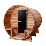 Aleko Outdoor or Indoor Western Red Cedar Wet Dry Barrel Sauna - Front Porch Canopy with Panoramic View - Bitumen Shingle Roofing - 8 kW UL Certified KIP Harvia Heater - 6-8 Person