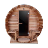 Aleko Outdoor or Indoor Western Red Cedar Wet Dry Barrel Sauna - Front Porch Canopy with Panoramic View - Bitumen Shingle Roofing - 8 kW UL Certified KIP Harvia Heater - 6-8 Person