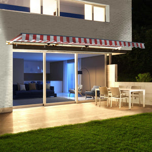 Aleko Half Cassette Motorized Retractable LED Luxury Patio Awning - 20 x 10 Feet - Red and White Stripes AWCL20X10RDWT05-AP Aleko Motorized 